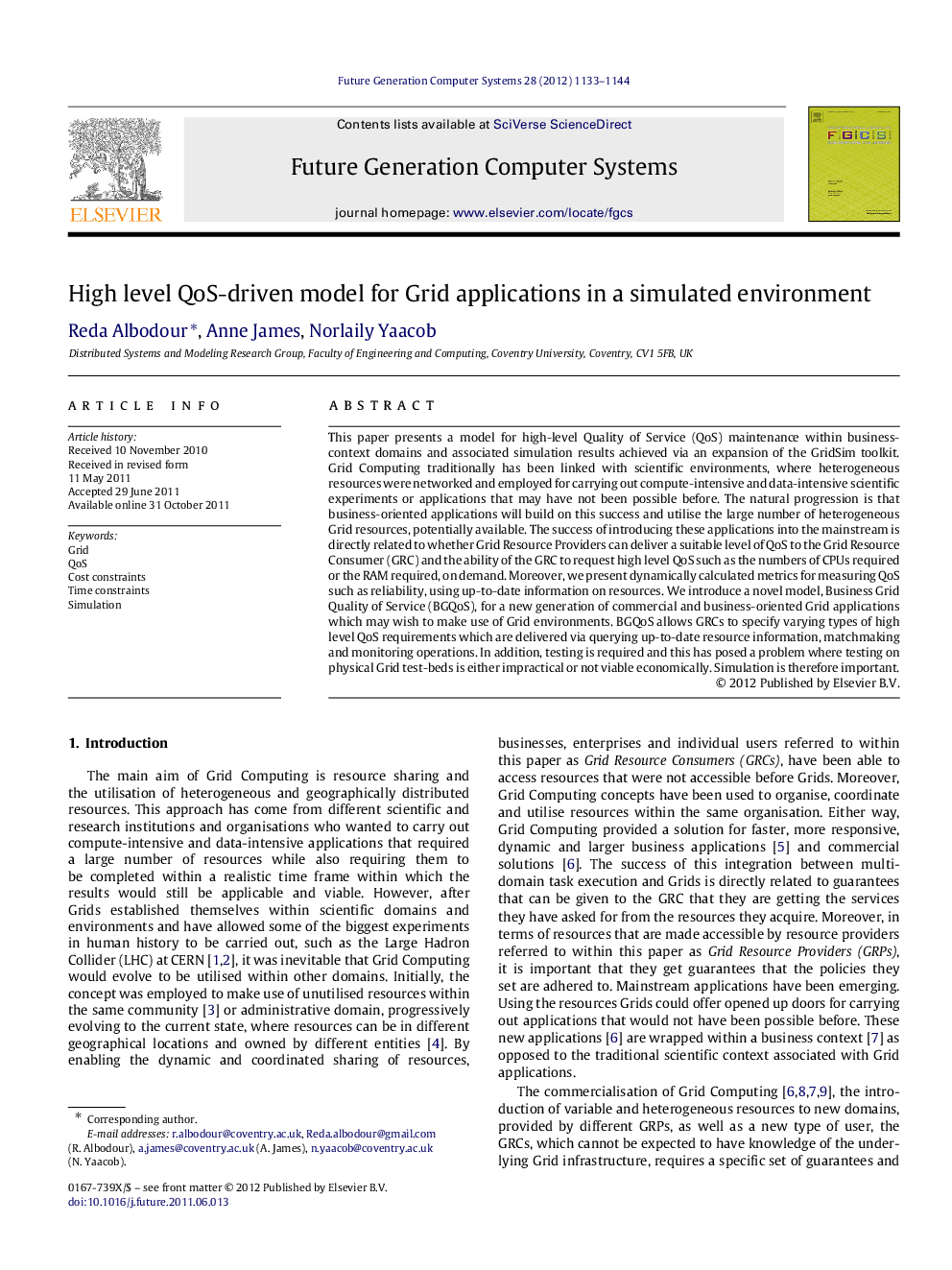 High level QoS-driven model for Grid applications in a simulated environment