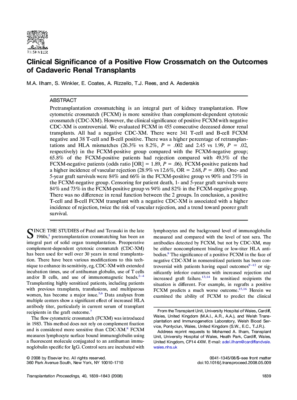 Clinical Significance of a Positive Flow Crossmatch on the Outcomes of Cadaveric Renal Transplants
