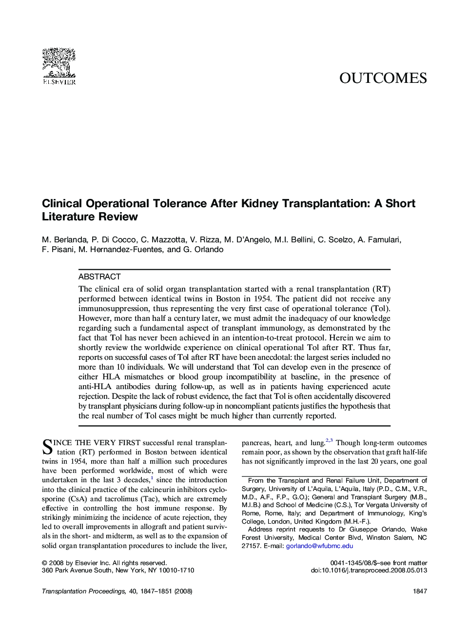 Clinical Operational Tolerance After Kidney Transplantation: A Short Literature Review