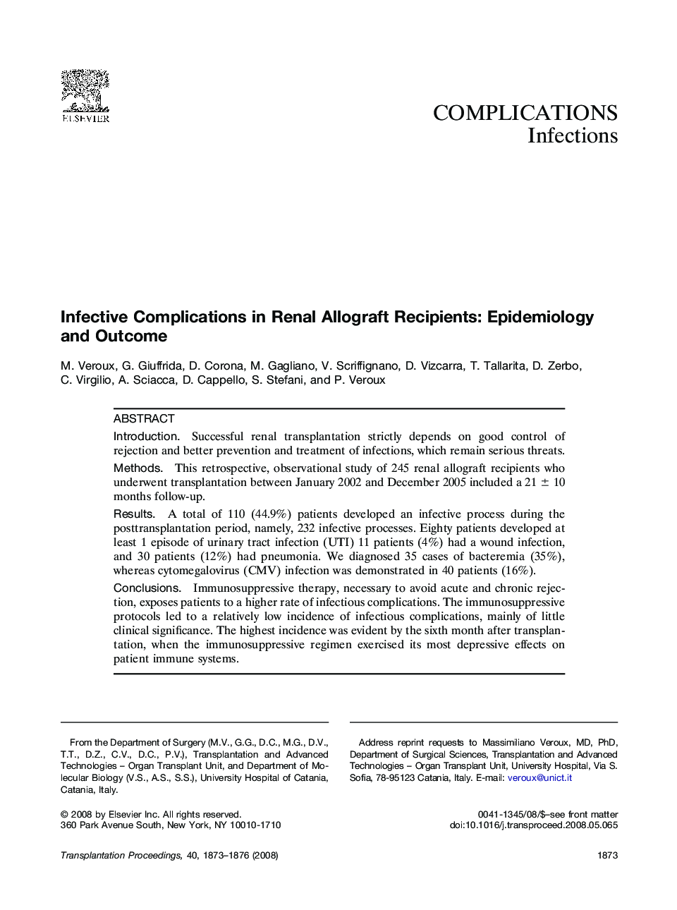 Infective Complications in Renal Allograft Recipients: Epidemiology and Outcome
