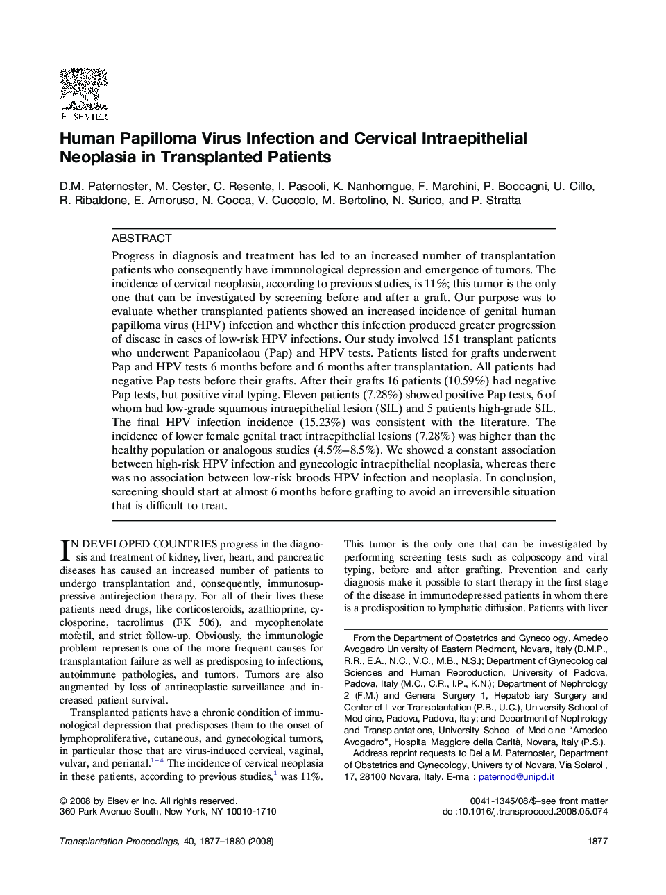 Human Papilloma Virus Infection and Cervical Intraepithelial Neoplasia in Transplanted Patients