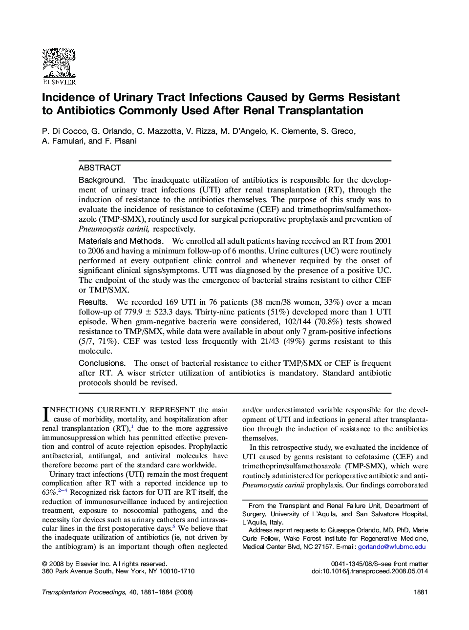Incidence of Urinary Tract Infections Caused by Germs Resistant to Antibiotics Commonly Used After Renal Transplantation