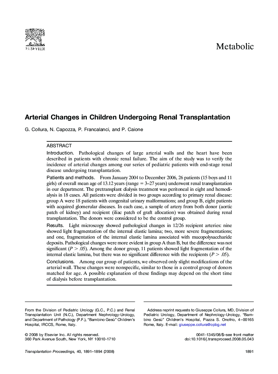 Arterial Changes in Children Undergoing Renal Transplantation