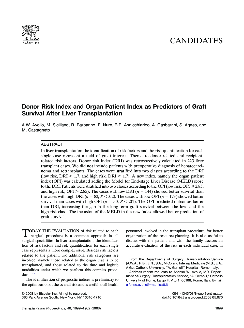 Donor Risk Index and Organ Patient Index as Predictors of Graft Survival After Liver Transplantation