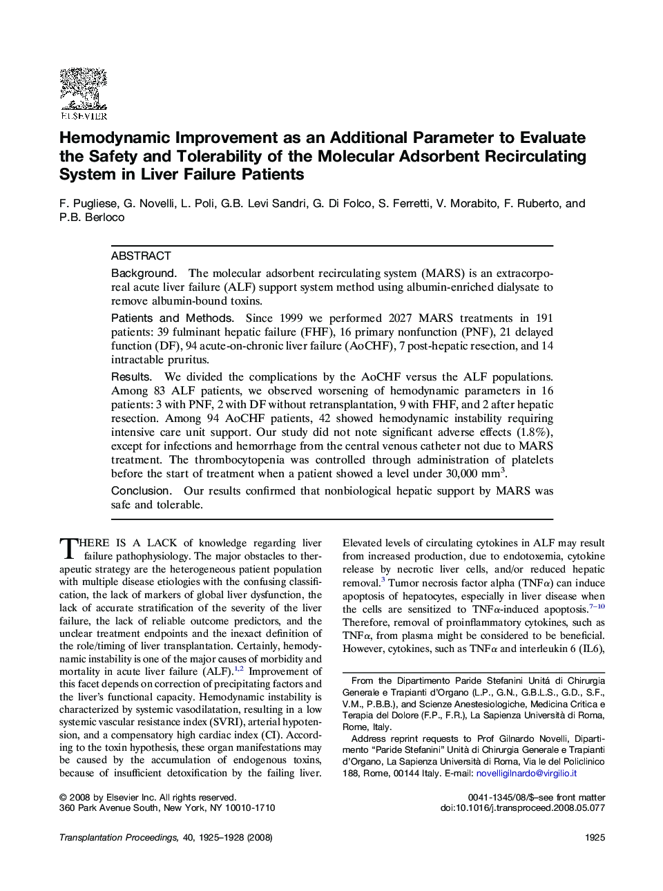 Hemodynamic Improvement as an Additional Parameter to Evaluate the Safety and Tolerability of the Molecular Adsorbent Recirculating System in Liver Failure Patients