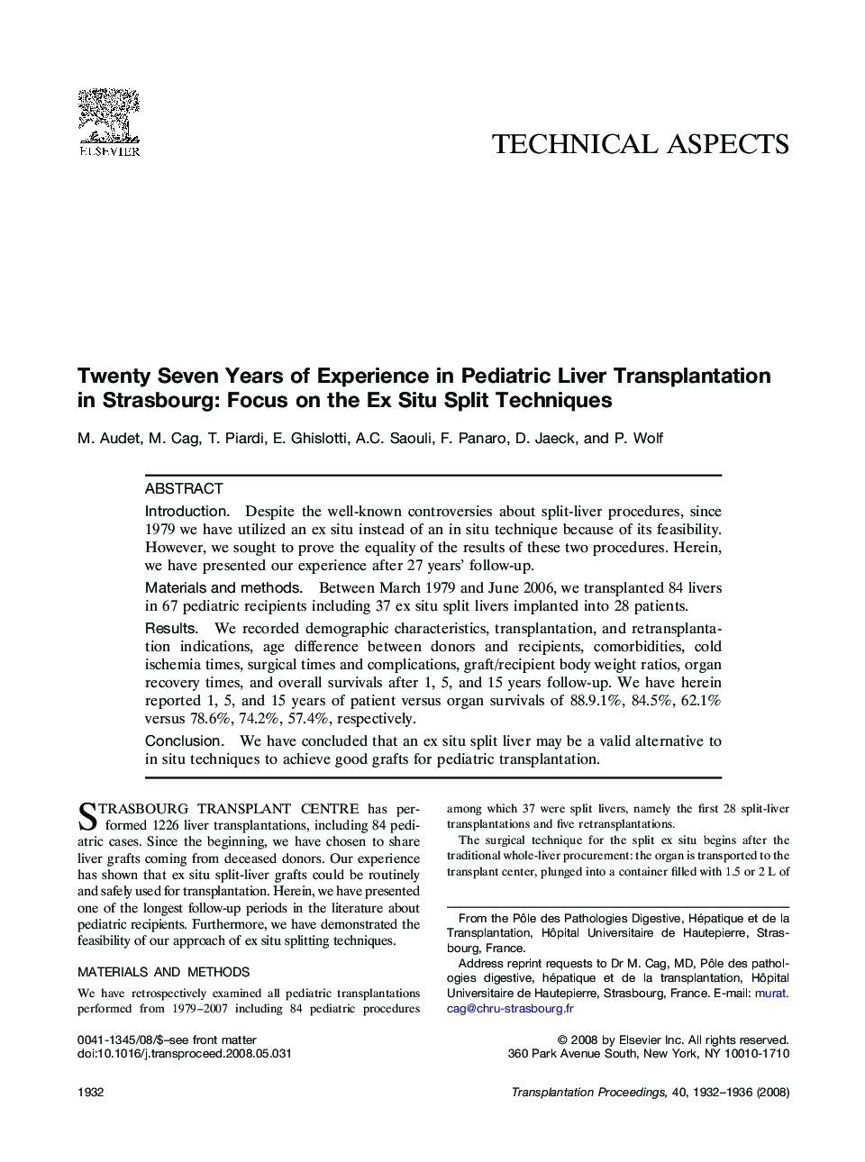 Twenty Seven Years of Experience in Pediatric Liver Transplantation in Strasbourg: Focus on the Ex Situ Split Techniques