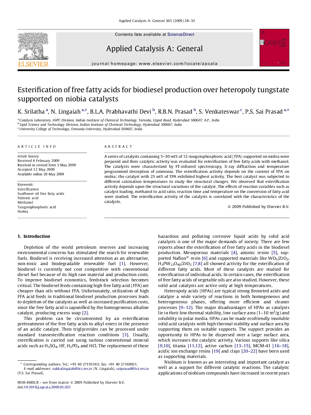 Esterification of free fatty acids for biodiesel production over heteropoly tungstate supported on niobia catalysts