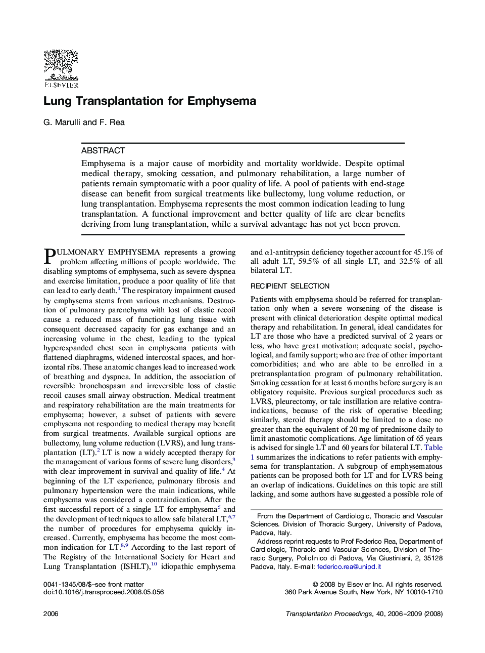 Lung Transplantation for Emphysema