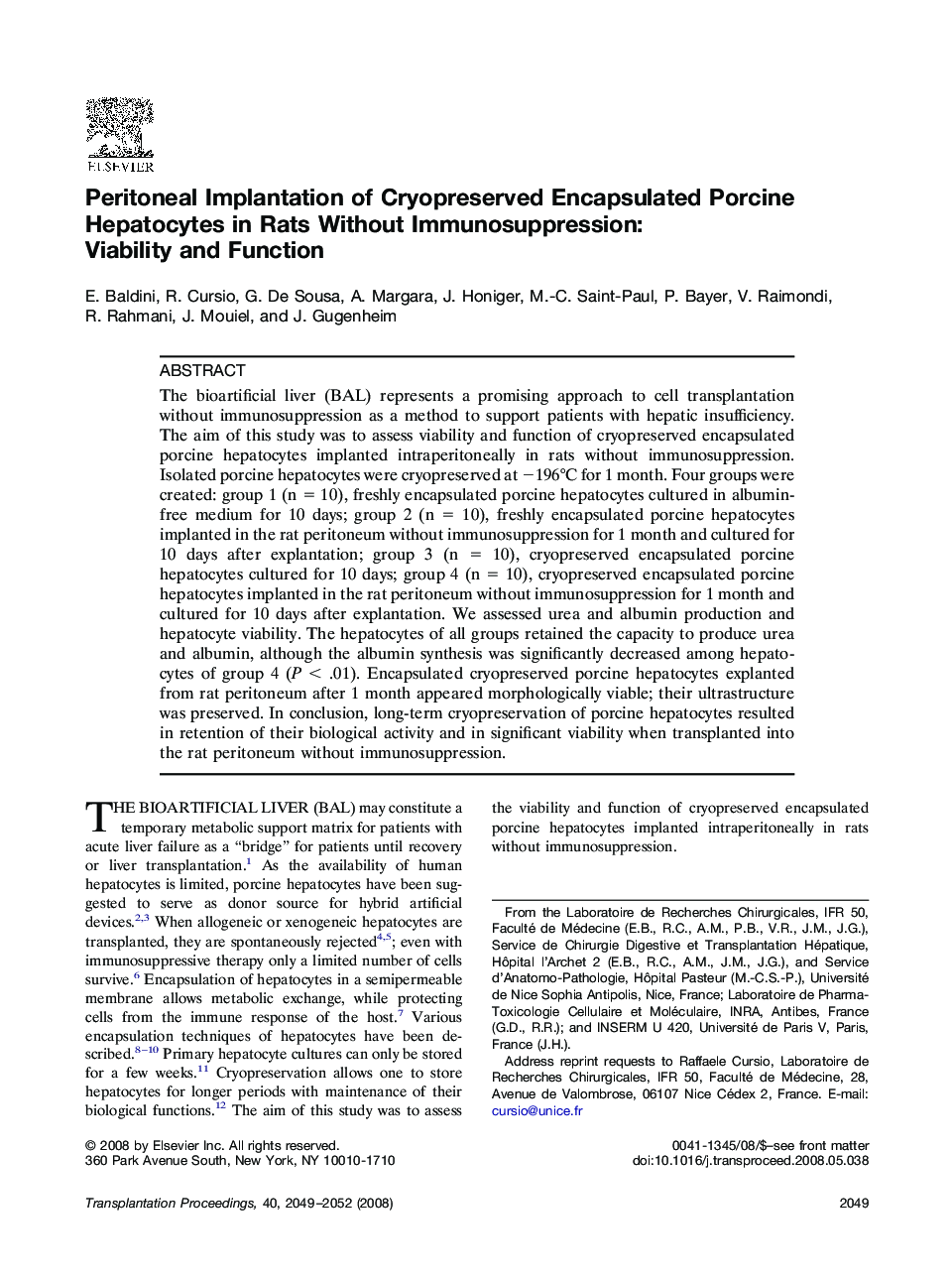 Peritoneal Implantation of Cryopreserved Encapsulated Porcine Hepatocytes in Rats Without Immunosuppression: Viability and Function