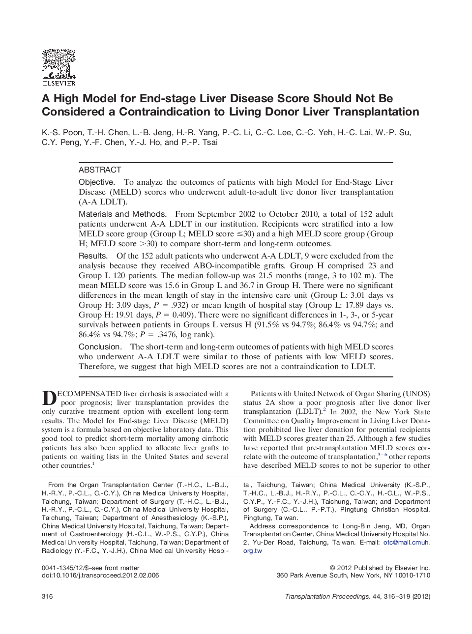 A High Model for End-stage Liver Disease Score Should Not Be Considered a Contraindication to Living Donor Liver Transplantation