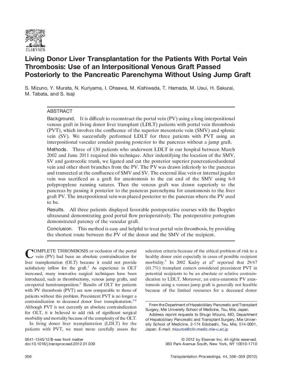 Living Donor Liver Transplantation for the Patients With Portal Vein Thrombosis: Use of an Interpositional Venous Graft Passed Posteriorly to the Pancreatic Parenchyma Without Using Jump Graft