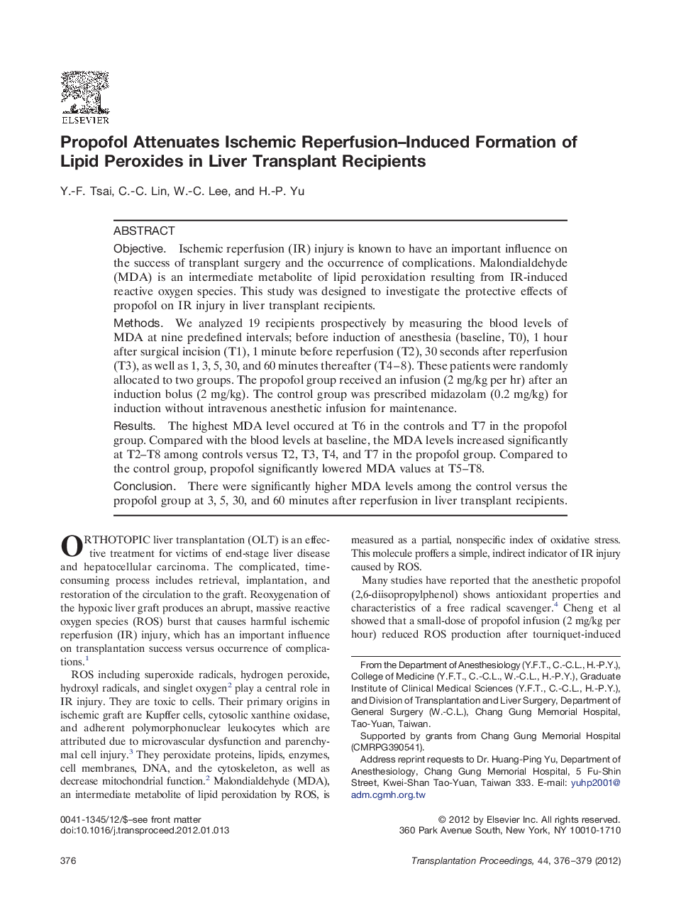 Propofol Attenuates Ischemic Reperfusion–Induced Formation of Lipid Peroxides in Liver Transplant Recipients 