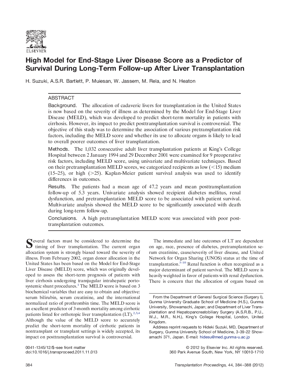 High Model for End-Stage Liver Disease Score as a Predictor of Survival During Long-Term Follow-up After Liver Transplantation