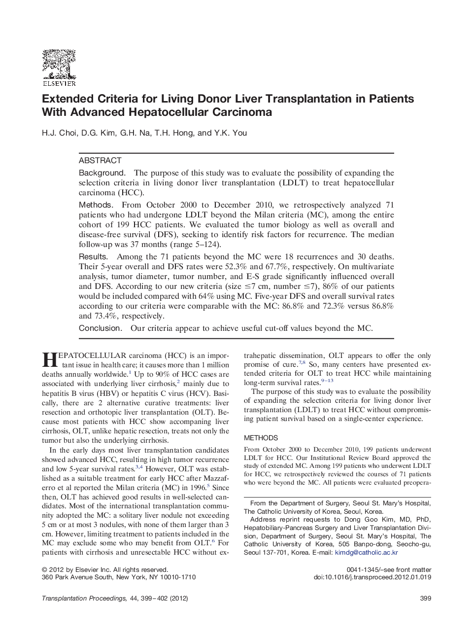 Extended Criteria for Living Donor Liver Transplantation in Patients With Advanced Hepatocellular Carcinoma