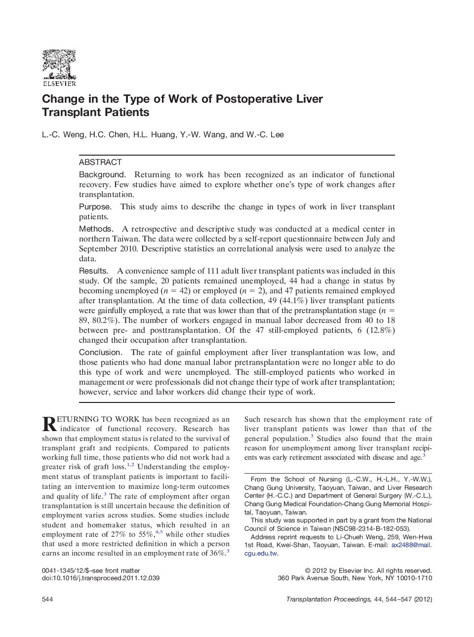 Change in the Type of Work of Postoperative Liver Transplant Patients 