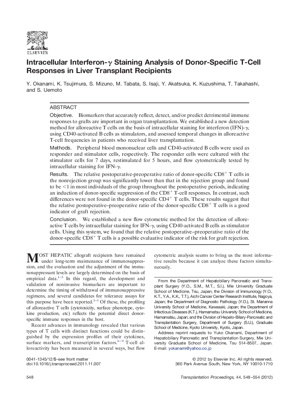 Intracellular Interferon-γ Staining Analysis of Donor-Specific T-Cell Responses in Liver Transplant Recipients