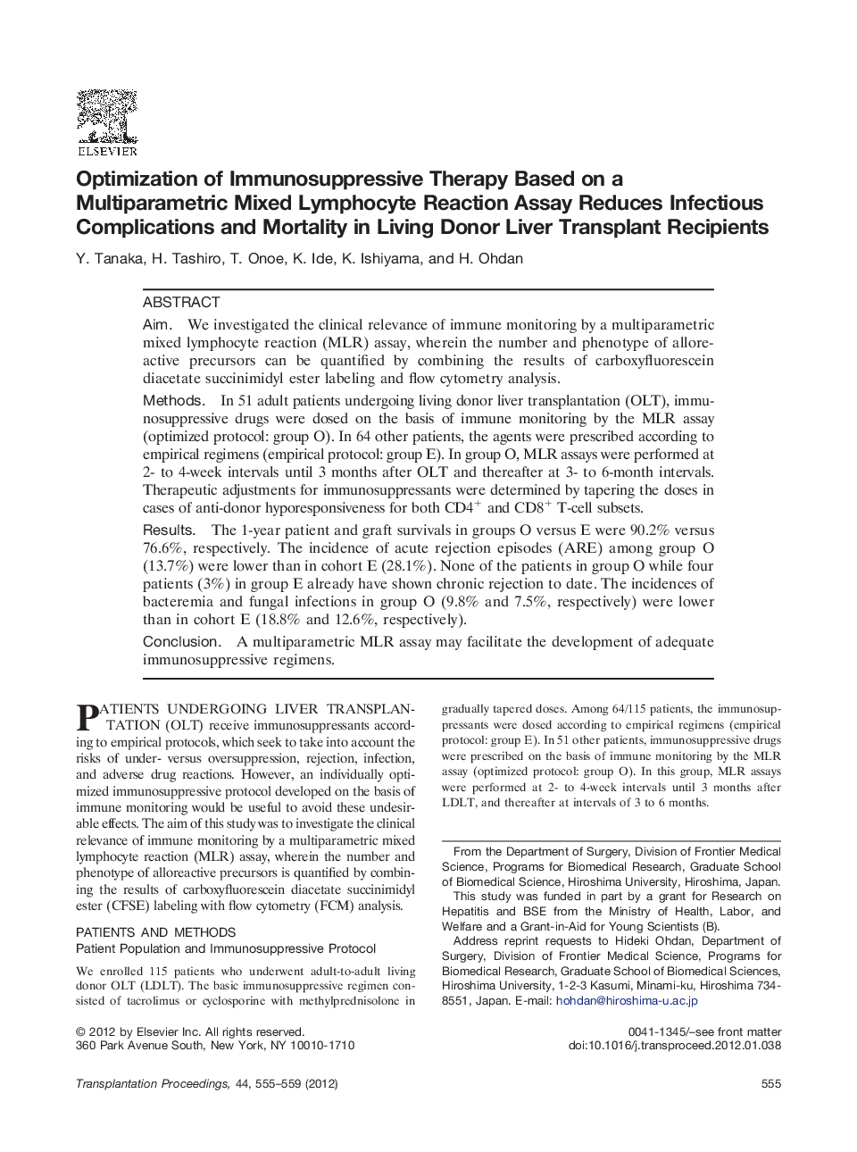 Optimization of Immunosuppressive Therapy Based on a Multiparametric Mixed Lymphocyte Reaction Assay Reduces Infectious Complications and Mortality in Living Donor Liver Transplant Recipients 