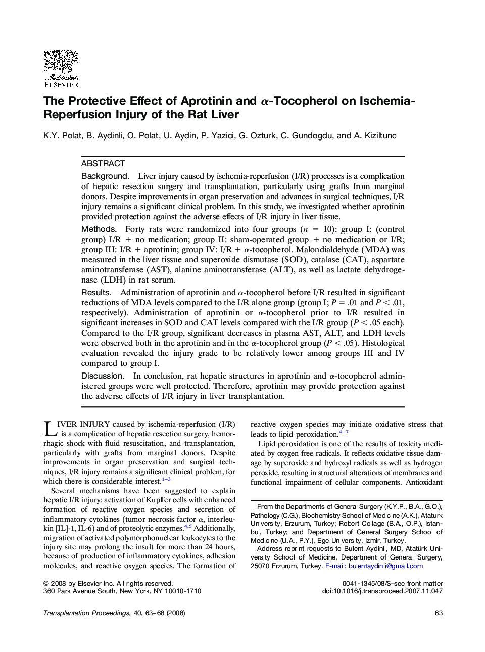 The Protective Effect of Aprotinin and α-Tocopherol on Ischemia-Reperfusion Injury of the Rat Liver