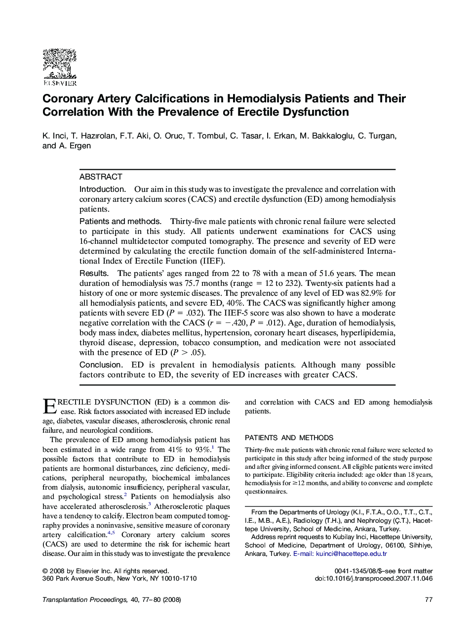 Coronary Artery Calcifications in Hemodialysis Patients and Their Correlation With the Prevalence of Erectile Dysfunction