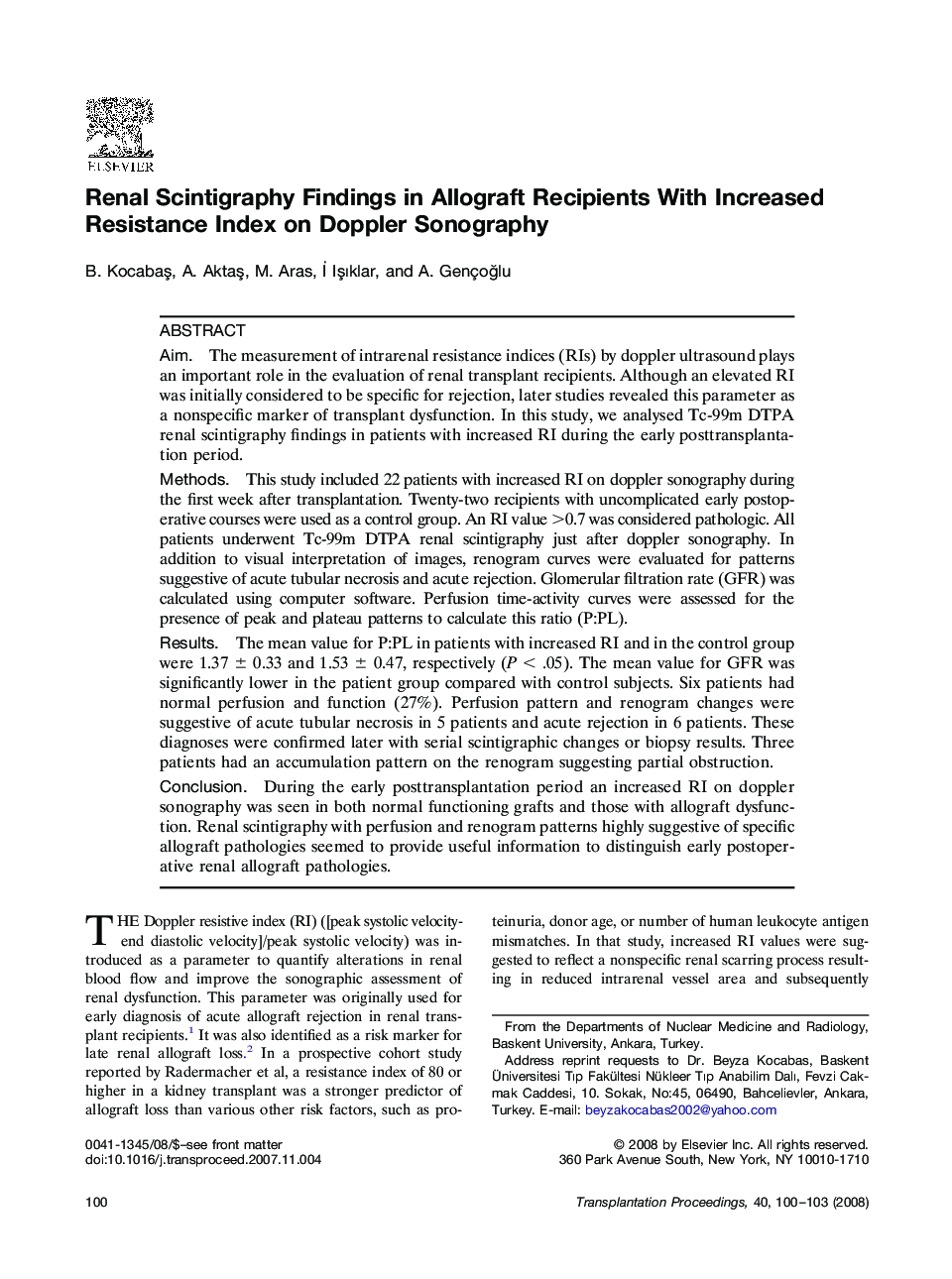Renal Scintigraphy Findings in Allograft Recipients With Increased Resistance Index on Doppler Sonography