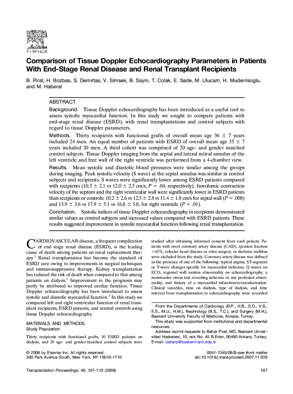 Comparison of Tissue Doppler Echocardiography Parameters in Patients With End-Stage Renal Disease and Renal Transplant Recipients 
