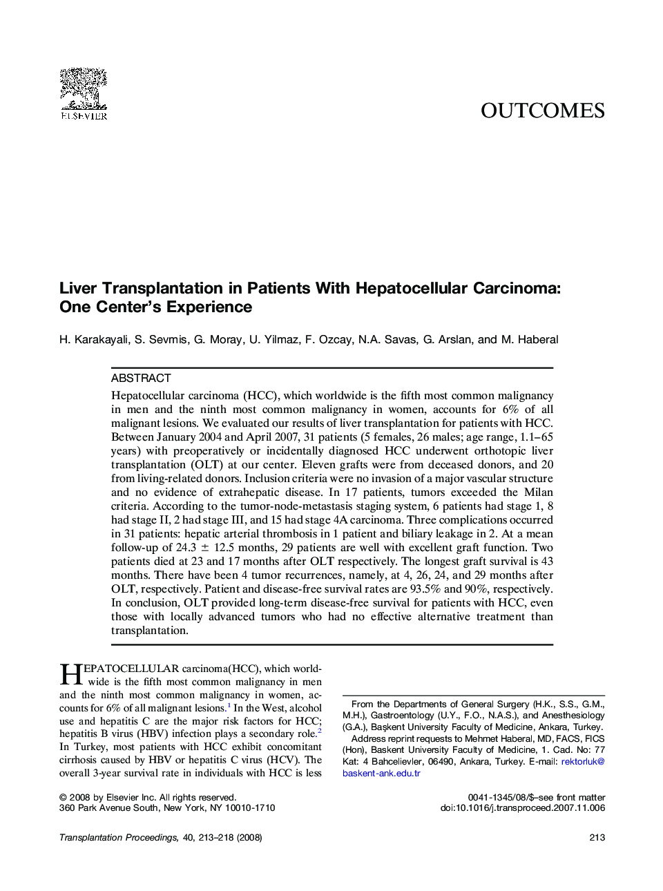 Liver Transplantation in Patients With Hepatocellular Carcinoma: One Center’s Experience