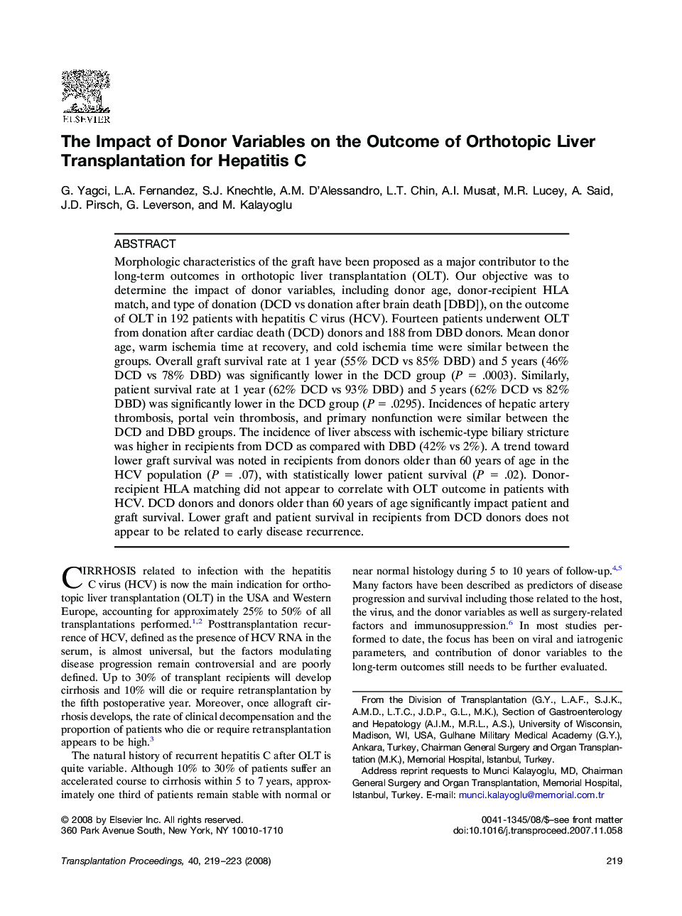 The Impact of Donor Variables on the Outcome of Orthotopic Liver Transplantation for Hepatitis C