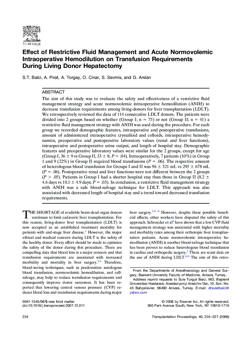 Effect of Restrictive Fluid Management and Acute Normovolemic Intraoperative Hemodilution on Transfusion Requirements During Living Donor Hepatectomy