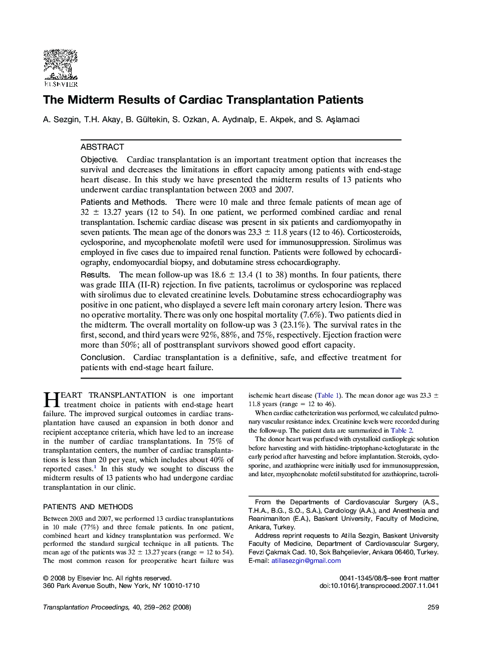 The Midterm Results of Cardiac Transplantation Patients