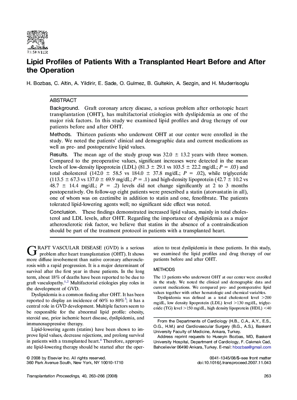 Lipid Profiles of Patients With a Transplanted Heart Before and After the Operation