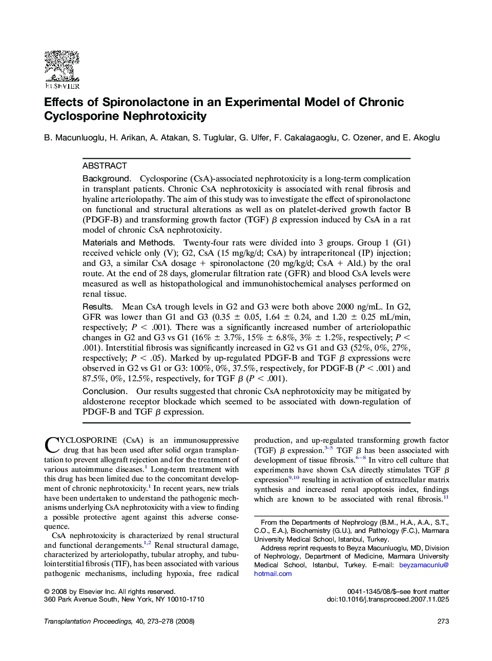 Effects of Spironolactone in an Experimental Model of Chronic Cyclosporine Nephrotoxicity