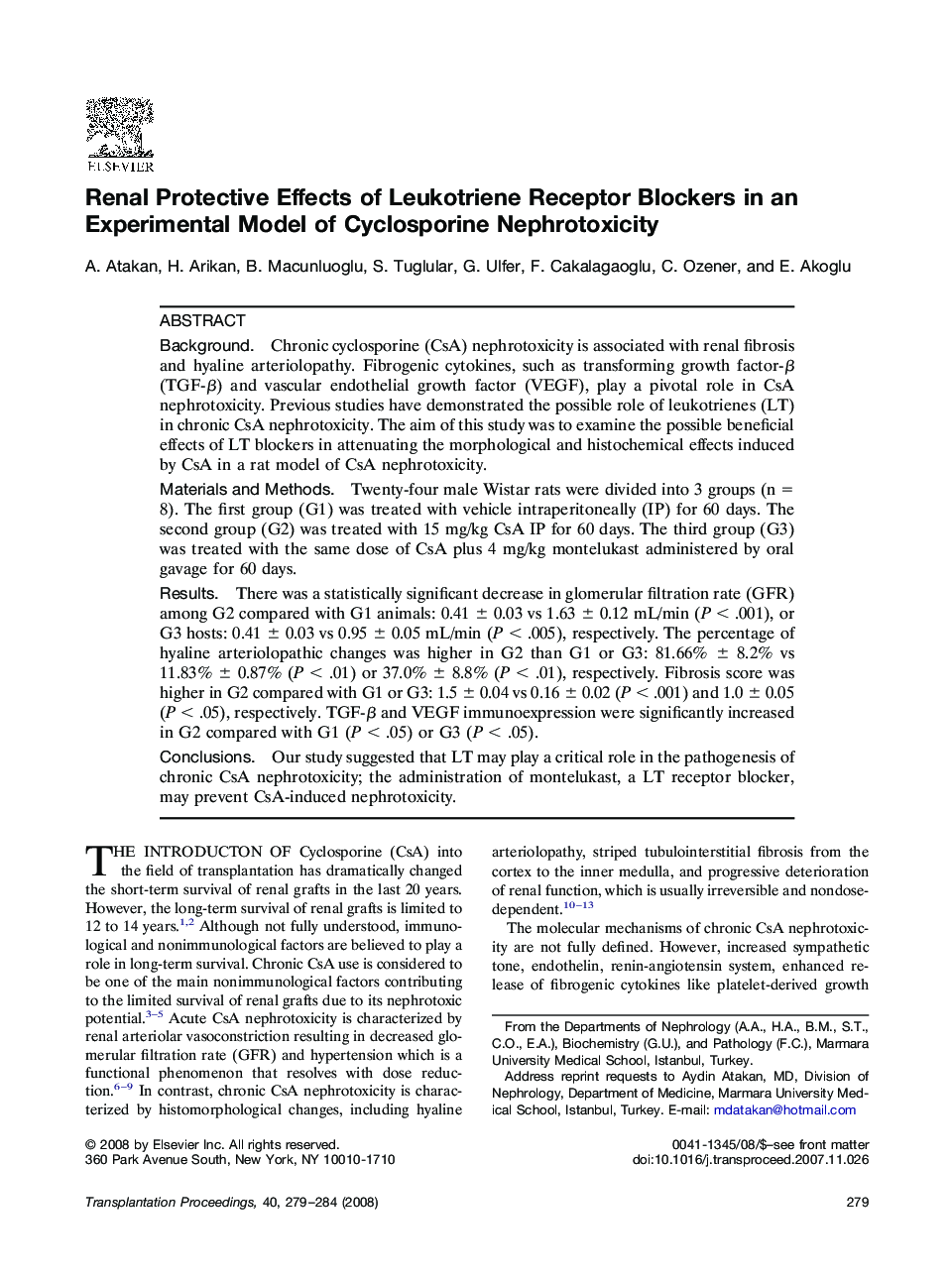 Renal Protective Effects of Leukotriene Receptor Blockers in an Experimental Model of Cyclosporine Nephrotoxicity