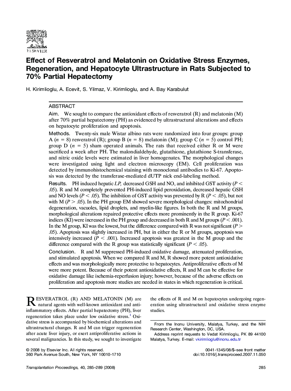 Effect of Resveratrol and Melatonin on Oxidative Stress Enzymes, Regeneration, and Hepatocyte Ultrastructure in Rats Subjected to 70% Partial Hepatectomy