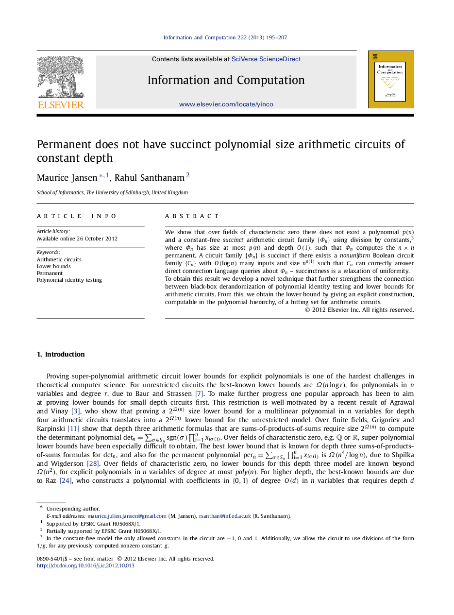 Permanent does not have succinct polynomial size arithmetic circuits of constant depth