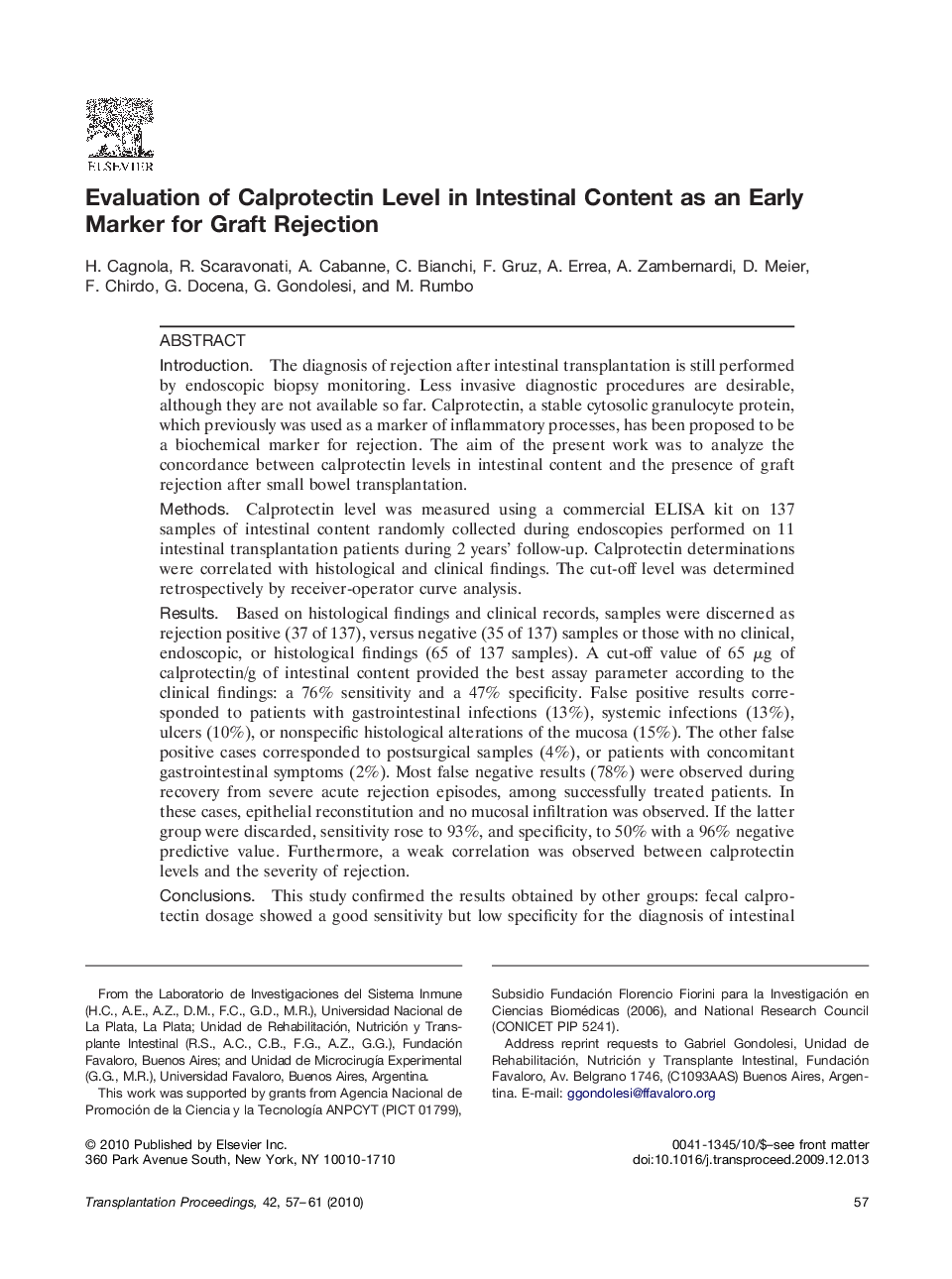 Evaluation of Calprotectin Level in Intestinal Content as an Early Marker for Graft Rejection 