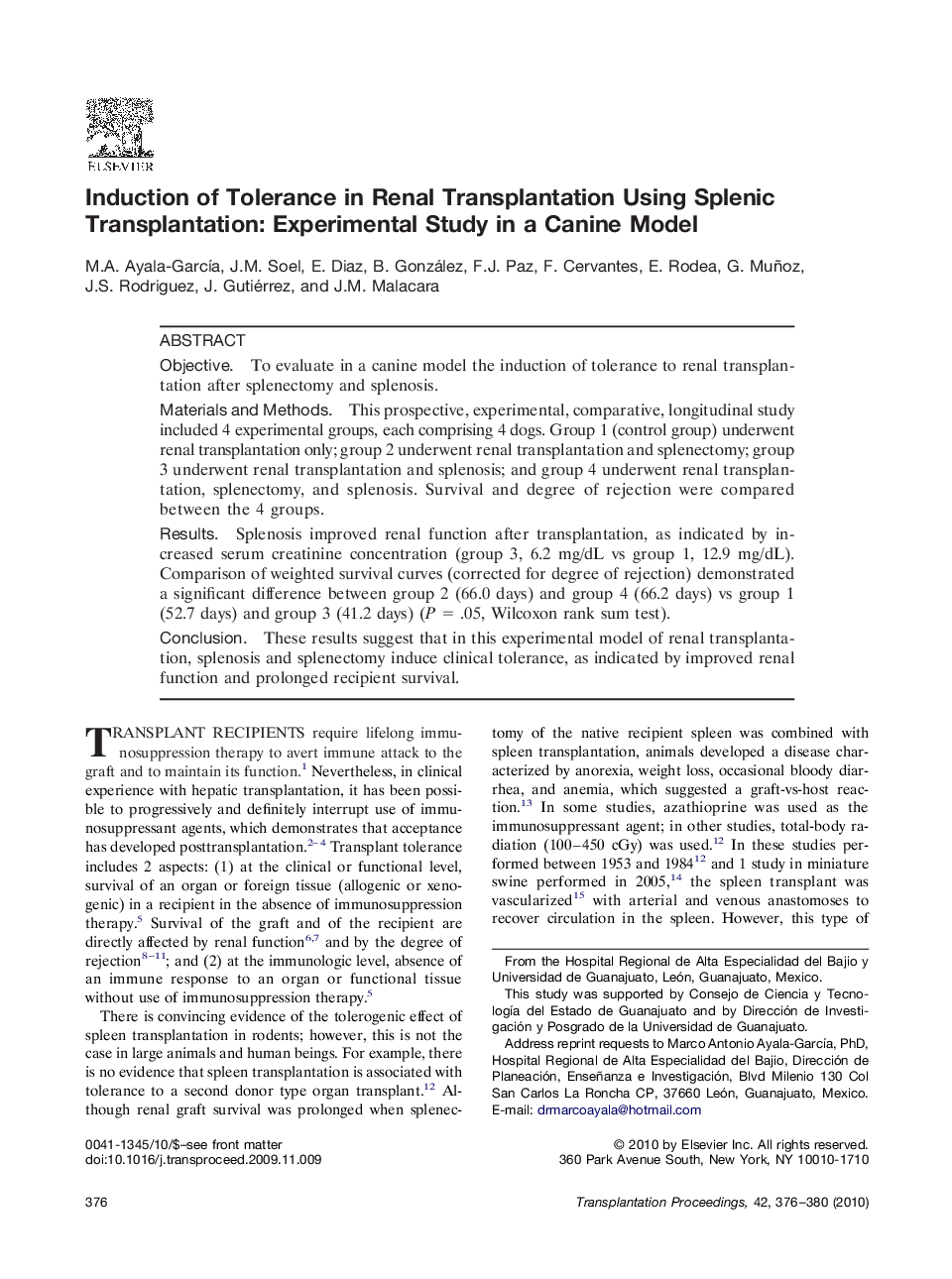 Induction of Tolerance in Renal Transplantation Using Splenic Transplantation: Experimental Study in a Canine Model 