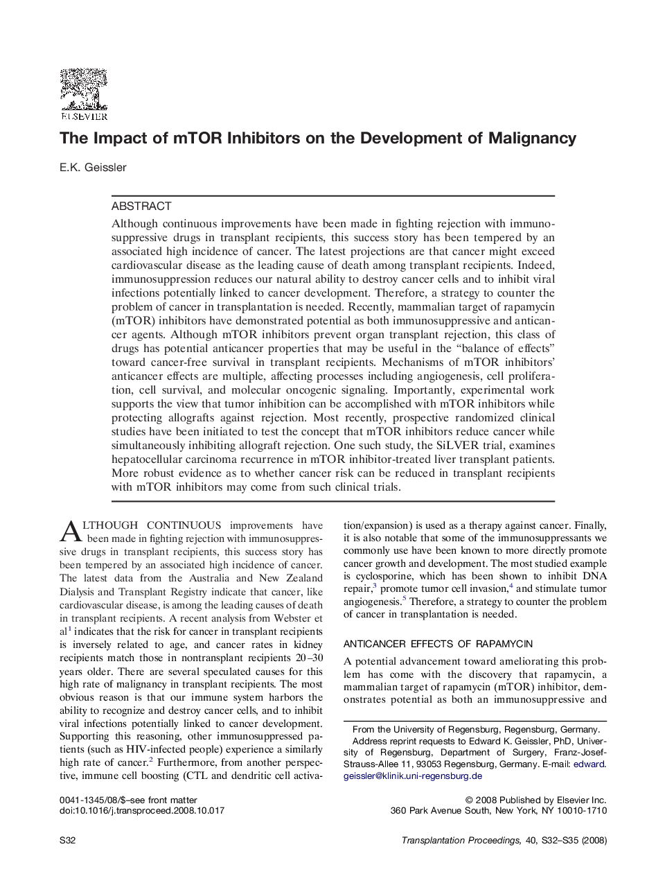 The Impact of mTOR Inhibitors on the Development of Malignancy