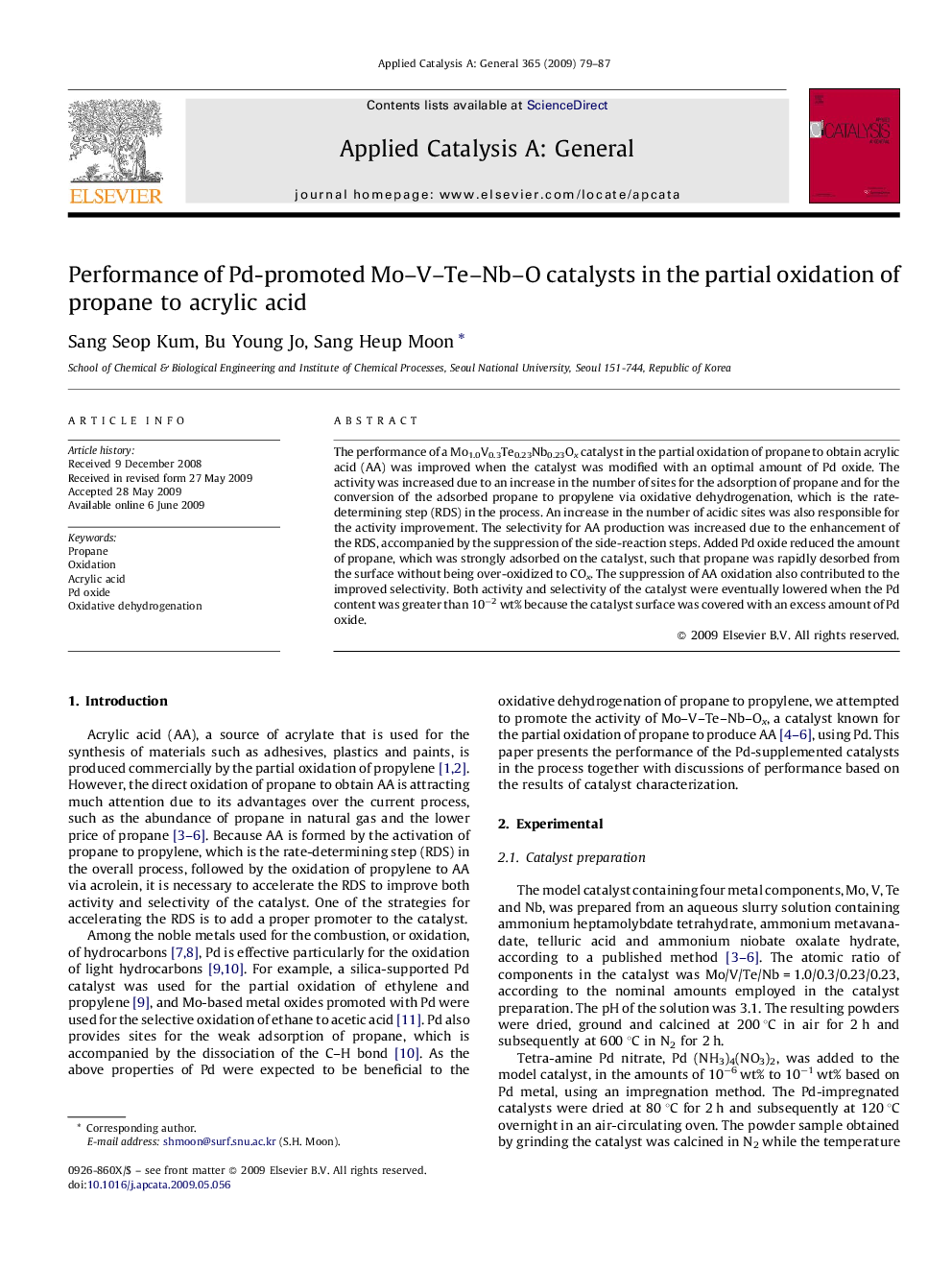 Performance of Pd-promoted Mo–V–Te–Nb–O catalysts in the partial oxidation of propane to acrylic acid