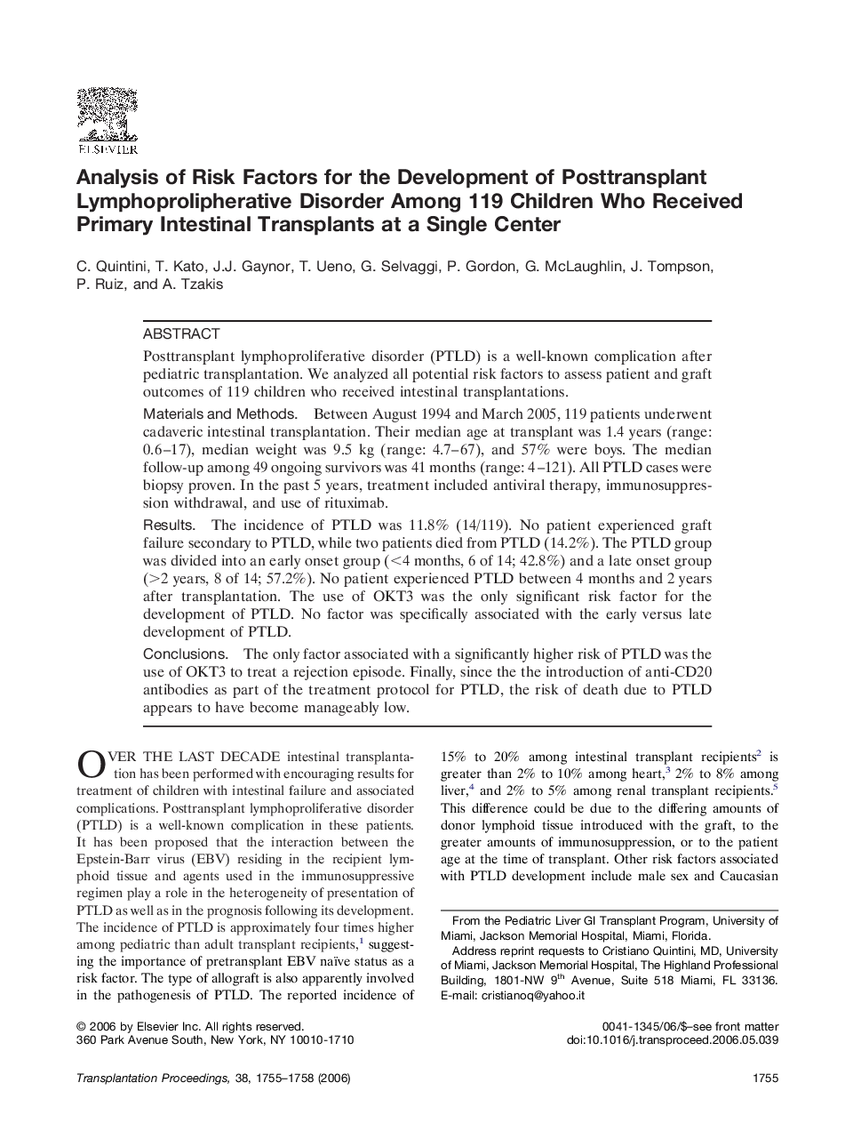 Analysis of Risk Factors for the Development of Posttransplant Lymphoprolipherative Disorder Among 119 Children Who Received Primary Intestinal Transplants at a Single Center