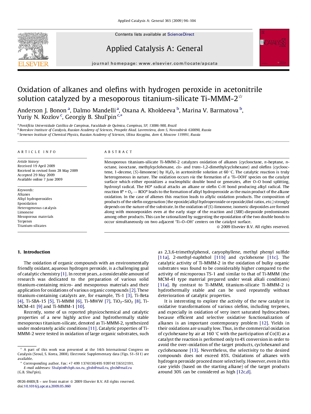 Oxidation of alkanes and olefins with hydrogen peroxide in acetonitrile solution catalyzed by a mesoporous titanium-silicate Ti-MMM-2 