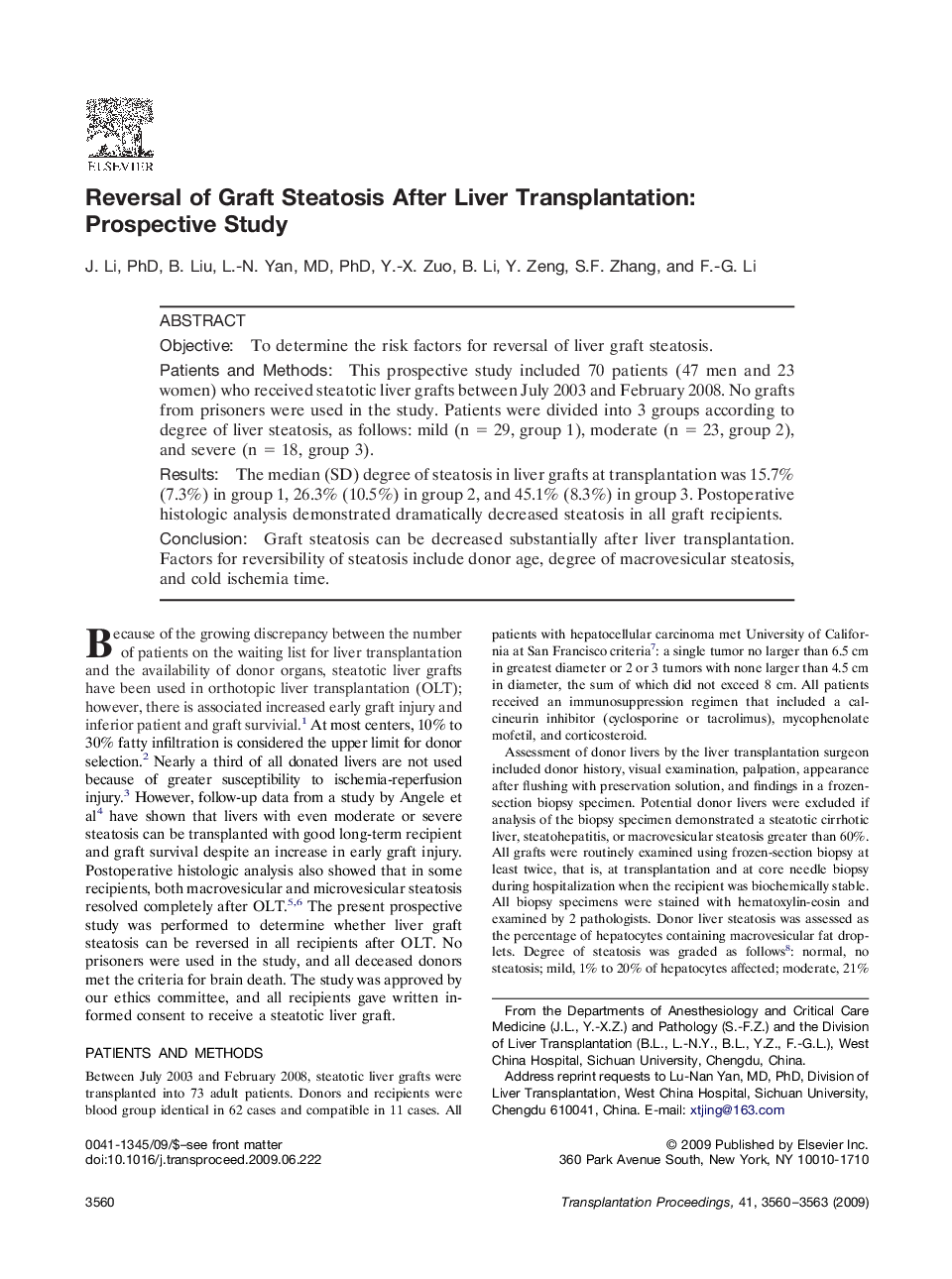 Reversal of Graft Steatosis After Liver Transplantation: Prospective Study