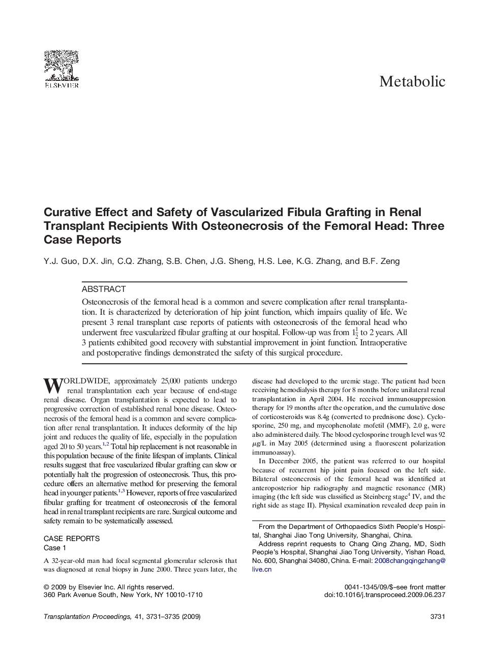 Curative Effect and Safety of Vascularized Fibula Grafting in Renal Transplant Recipients With Osteonecrosis of the Femoral Head: Three Case Reports