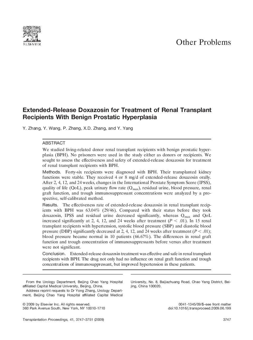 Extended-Release Doxazosin for Treatment of Renal Transplant Recipients With Benign Prostatic Hyperplasia