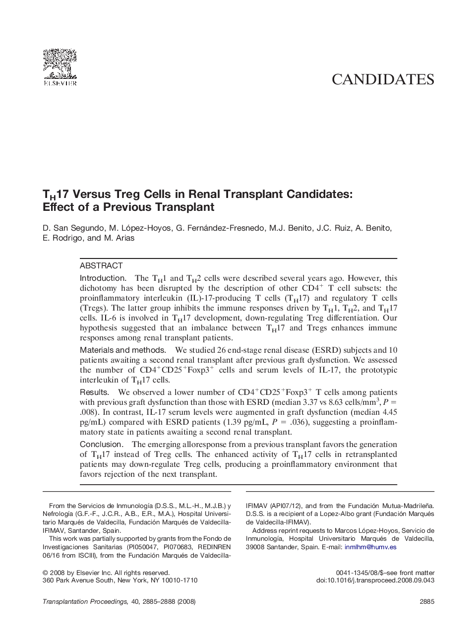 TH17 Versus Treg Cells in Renal Transplant Candidates: Effect of a Previous Transplant 