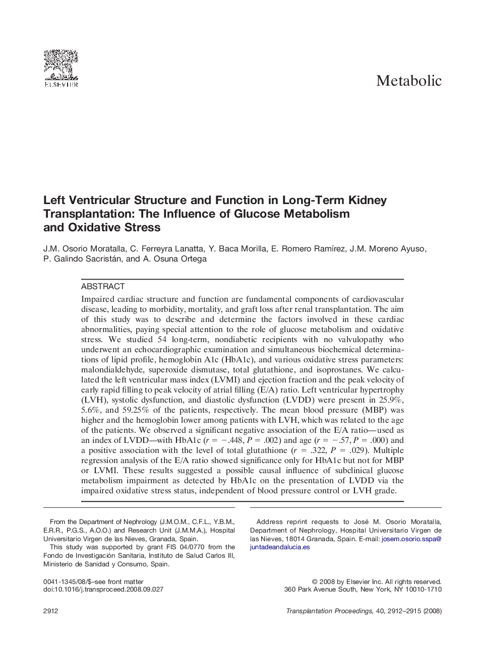 Left Ventricular Structure and Function in Long-Term Kidney Transplantation: The Influence of Glucose Metabolism and Oxidative Stress 