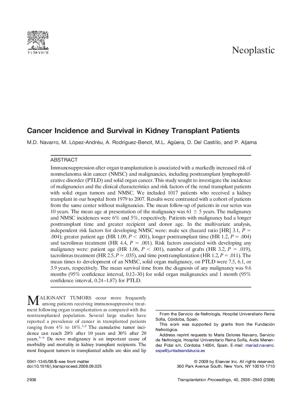 Cancer Incidence and Survival in Kidney Transplant Patients 