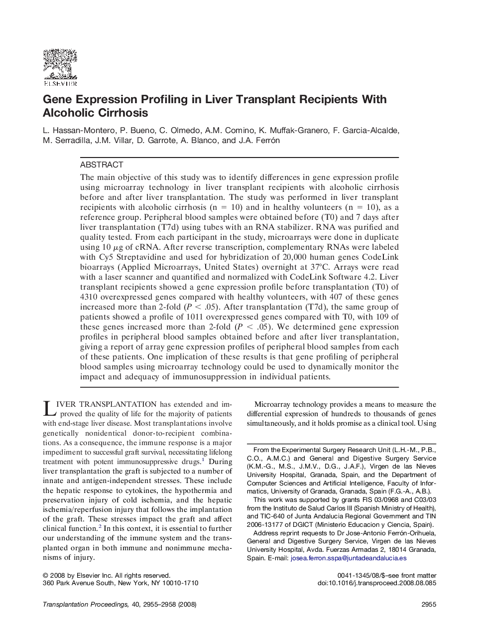 Gene Expression Profiling in Liver Transplant Recipients With Alcoholic Cirrhosis