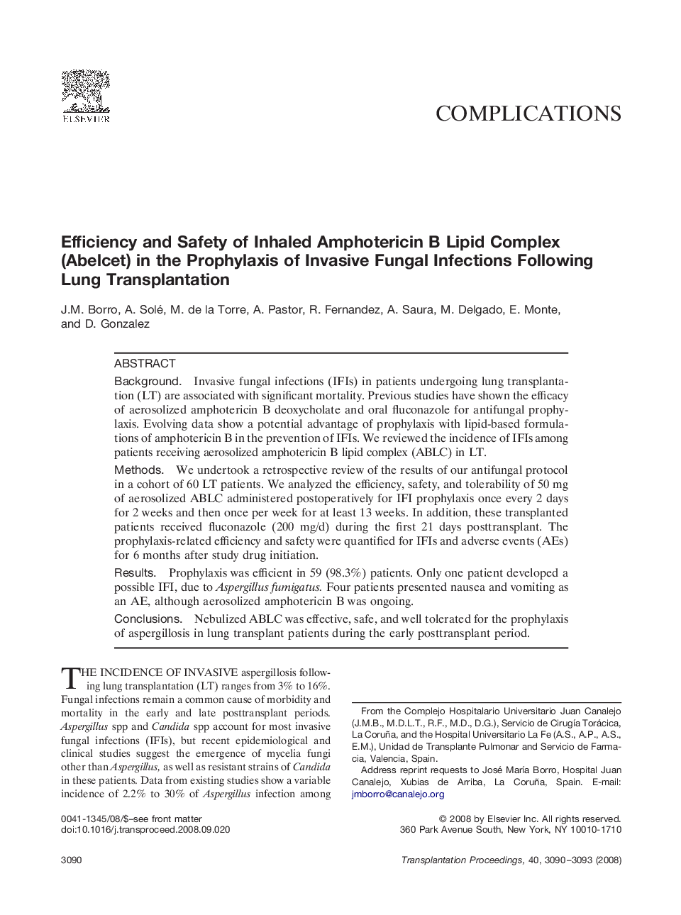 Efficiency and Safety of Inhaled Amphotericin B Lipid Complex (Abelcet) in the Prophylaxis of Invasive Fungal Infections Following Lung Transplantation
