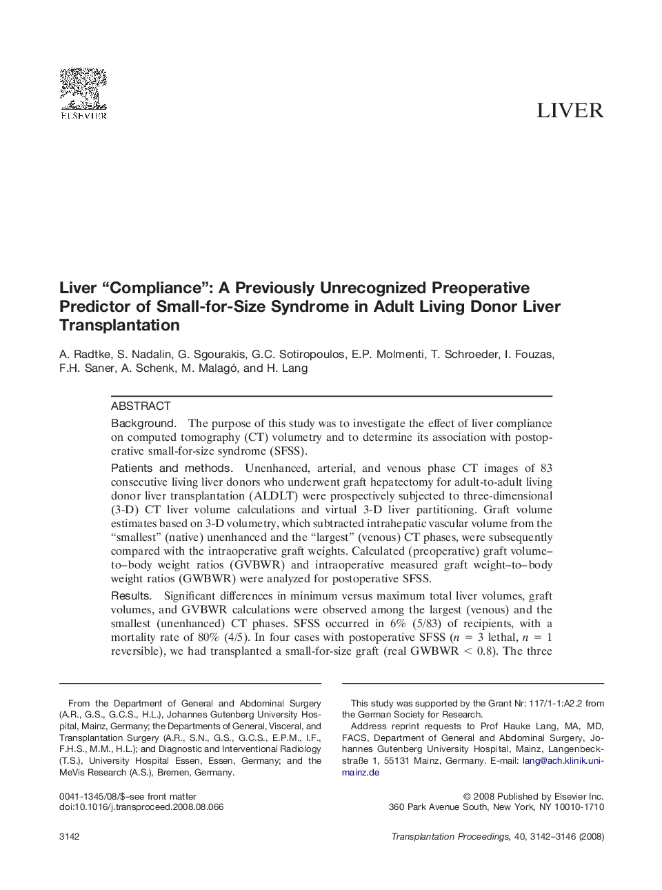 Liver “Compliance”: A Previously Unrecognized Preoperative Predictor of Small-for-Size Syndrome in Adult Living Donor Liver Transplantation 