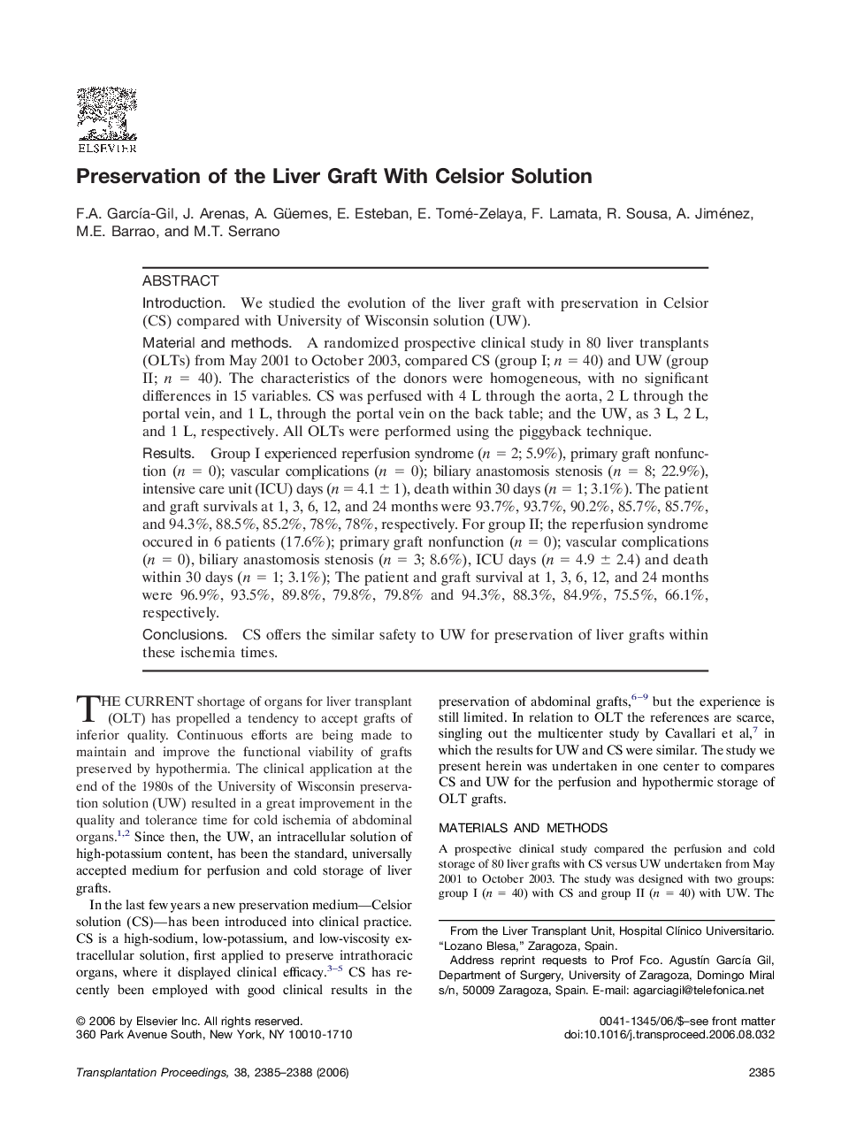 Preservation of the Liver Graft With Celsior Solution